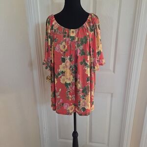 Floral Tropical Elastic Top Ruffle Sleeve Blouse Vacation Colorful Plus Size 2X